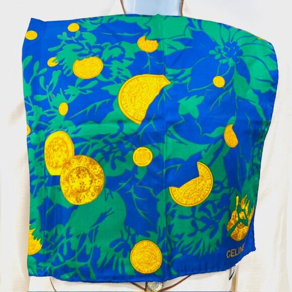 Vgt  Celine Paris 100% Silk Scarf Satin 34"  Green Blue Purple Floral Gold   (38 - Picture 10 of 16